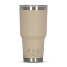 Front view of tan 890ml stainless steel drink tumbler with clear lid and silver etched outdoor oath logo and sand dune icon on side.