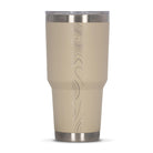 Rear view of tan 890ml stainless steel drink tumbler with clear lid and silver etched sand dune pattern on side.