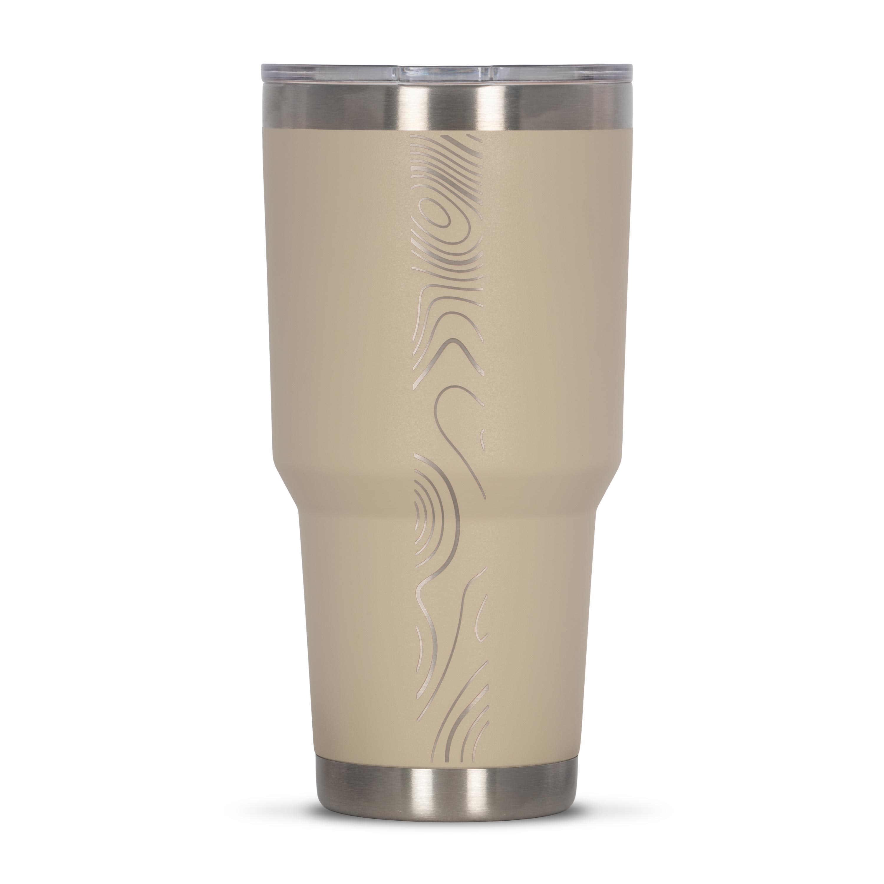 Rear view of tan 890ml stainless steel drink tumbler with clear lid and silver etched sand dune pattern on side.