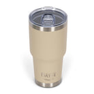 Front view from above of tan 890ml stainless steel drink tumbler with clear lid and silver etched outdoor oath logo and sand dune icon on side.