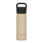Front view of tan 530ml stainless steel drink bottle with closed lid and handle. Silver etched outdoor oath logo and sand dune icon on side.