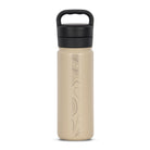 Rear view of tan 530ml stainless steel drink bottle with closed lid and handle. Silver etched sand dune pattern on side.