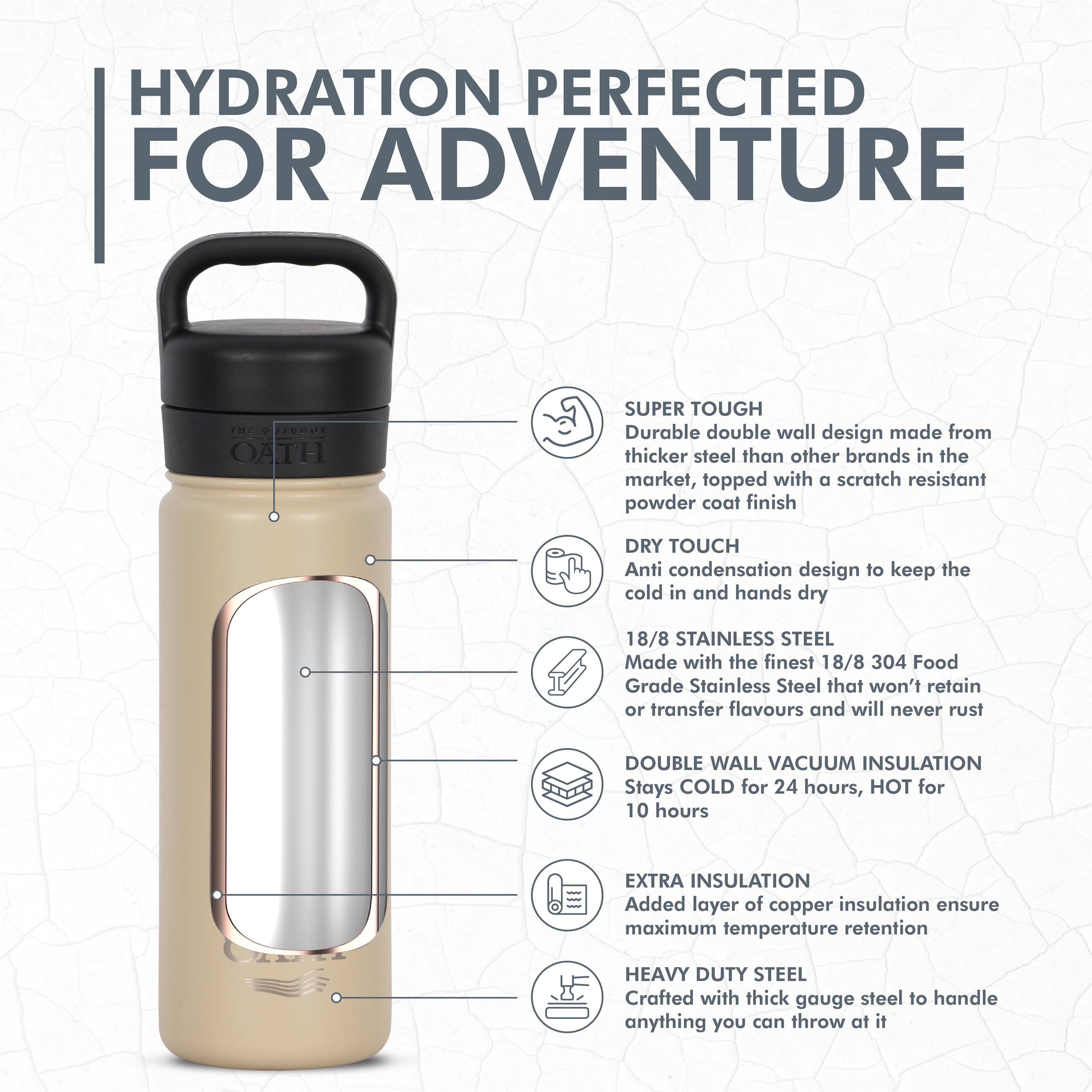 Outdoor hydration bottle with vacuum insulation and temperature retention features