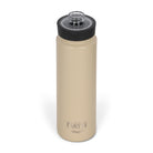 Front view from above of tan 700ml stainless steel drink bottle with open clear lid and silver etched outdoor oath logo and sand dune icon on side.