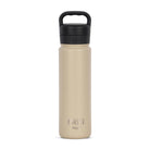 Front view of tan 700ml stainless steel drink bottle with closed lid and handle. Silver etched outdoor oath logo and sand dune icon on side.