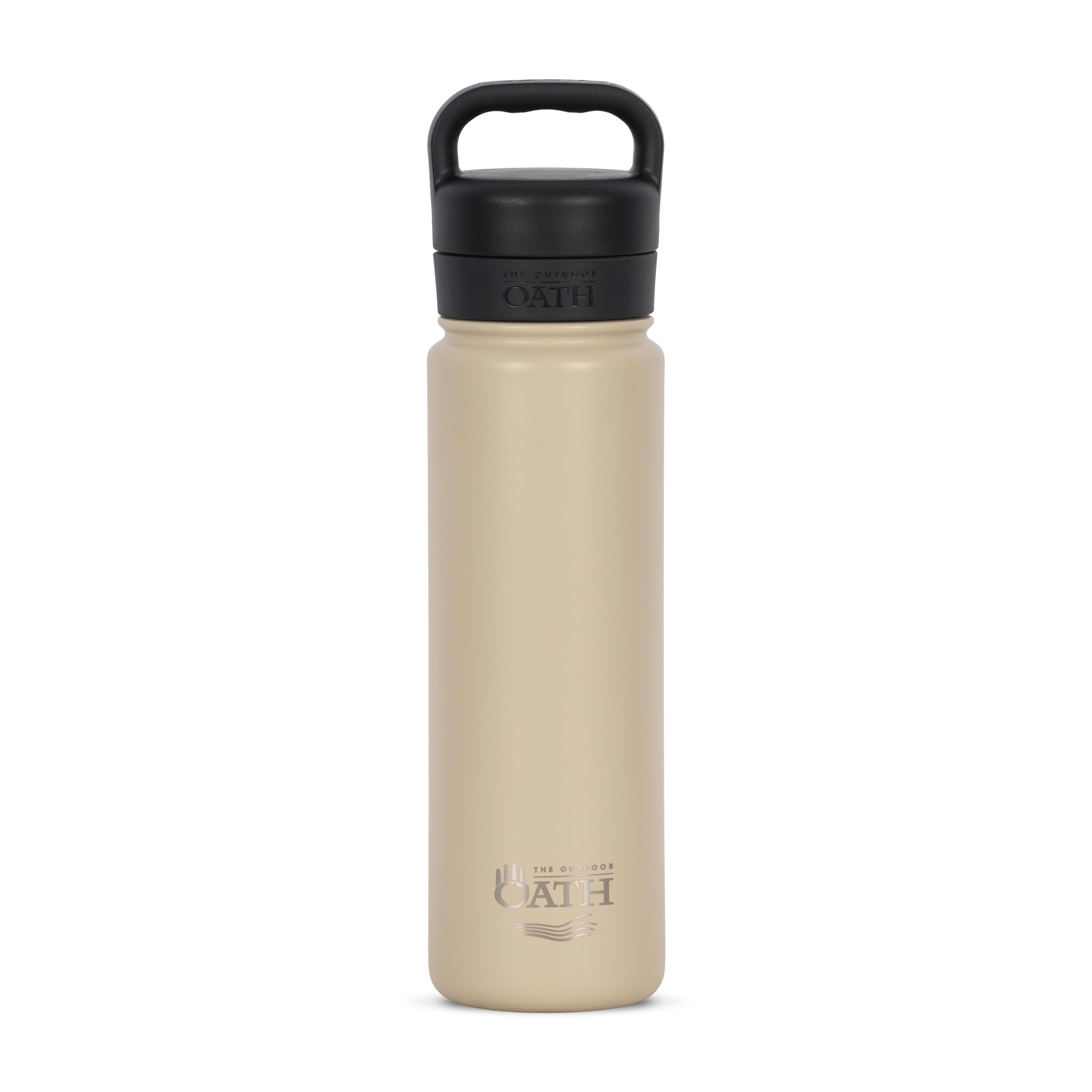 Front view of tan 700ml stainless steel drink bottle with closed lid and handle. Silver etched outdoor oath logo and sand dune icon on side.