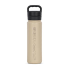 Rear view of tan 700ml stainless steel drink bottle with closed lid and handle. Silver etched sand dune pattern on side.