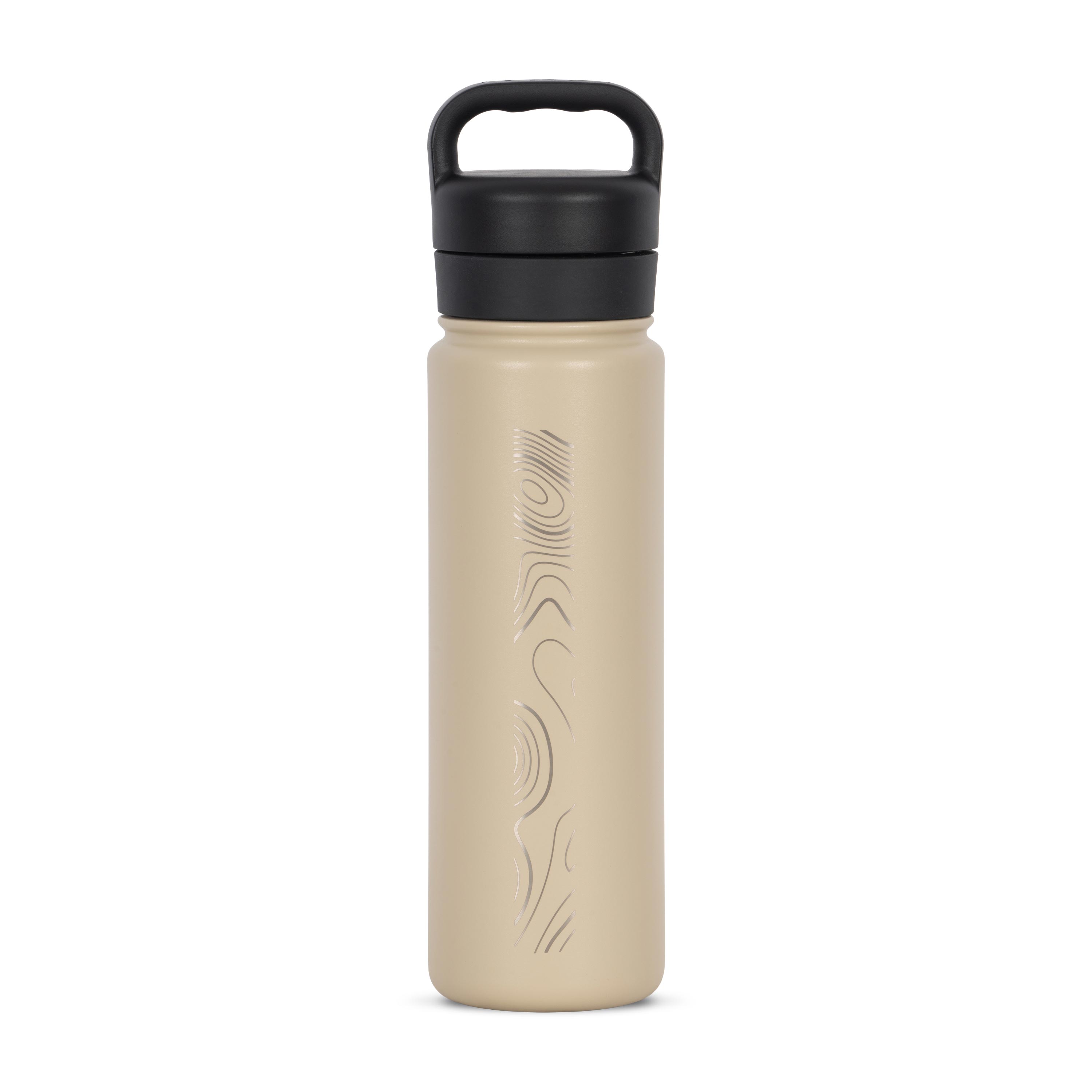 Rear view of tan 700ml stainless steel drink bottle with closed lid and handle. Silver etched sand dune pattern on side.