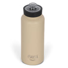 Front view from above of tan 960ml stainless steel drink bottle with open clear lid and silver etched outdoor oath logo and sand dune icon on side.