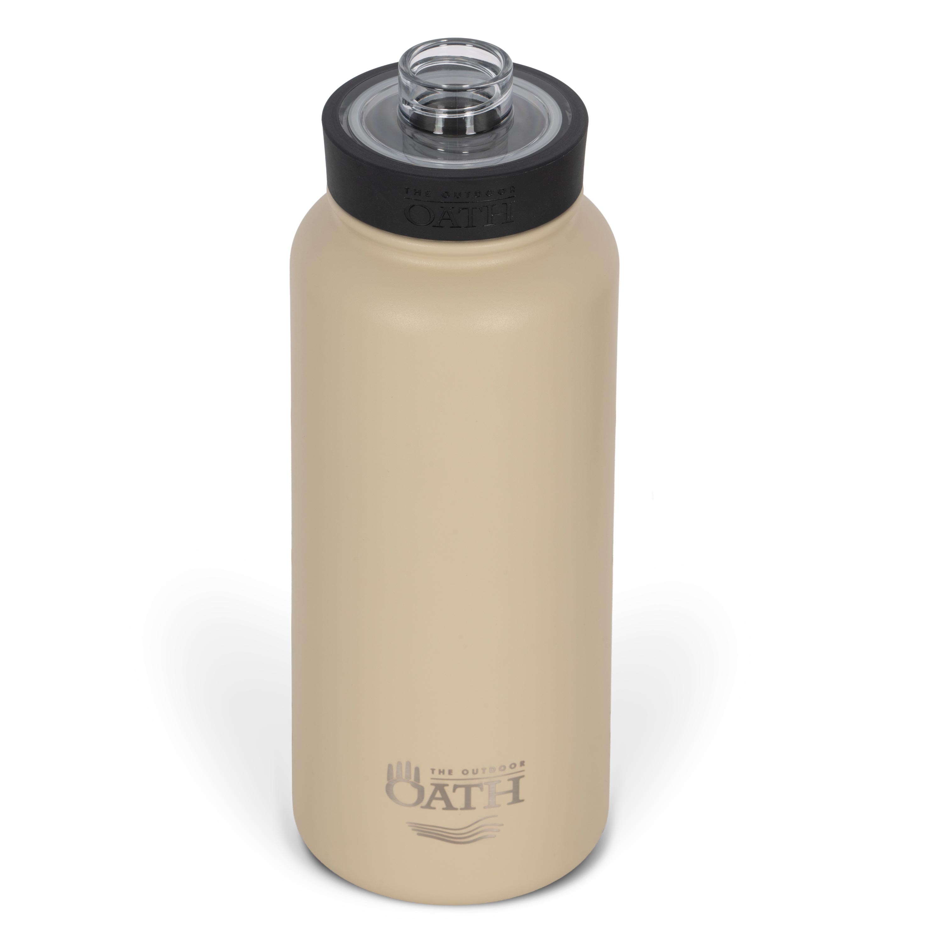 Front view from above of tan 960ml stainless steel drink bottle with open clear lid and silver etched outdoor oath logo and sand dune icon on side.