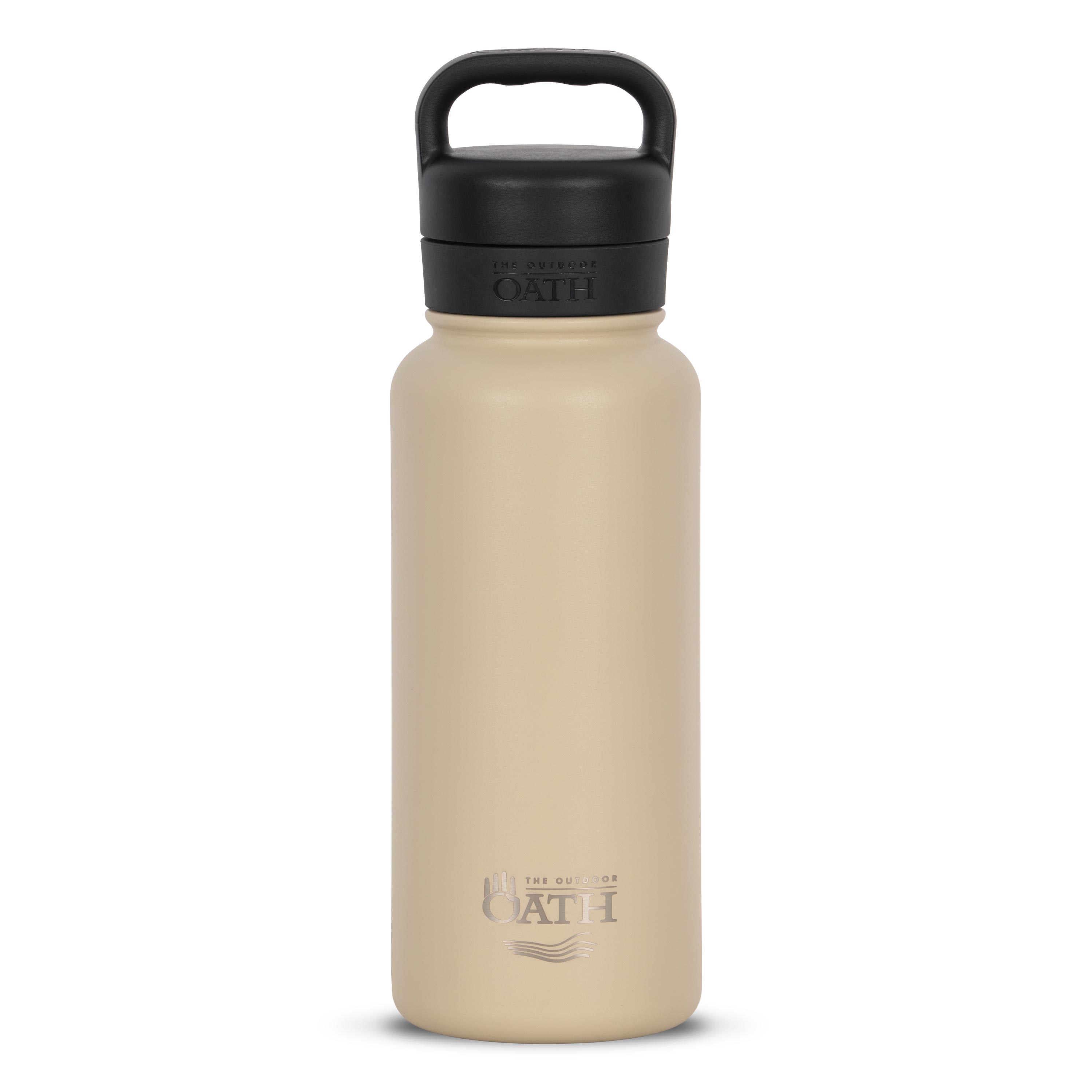 Front view of tan 960ml stainless steel drink bottle with closed lid and handle. Silver etched outdoor oath logo and sand dune icon on side.