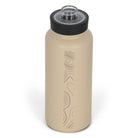 Rear view from above of tan 960ml stainless steel drink bottle with open clear lid and silver etched sand dune pattern on side.