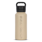 Rear view of tan 960ml stainless steel drink bottle with closed lid and handle. Silver etched sand dune pattern on side.