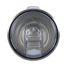 Top close up view of 590ml stainless steel drink tumbler with closed clear lid.
