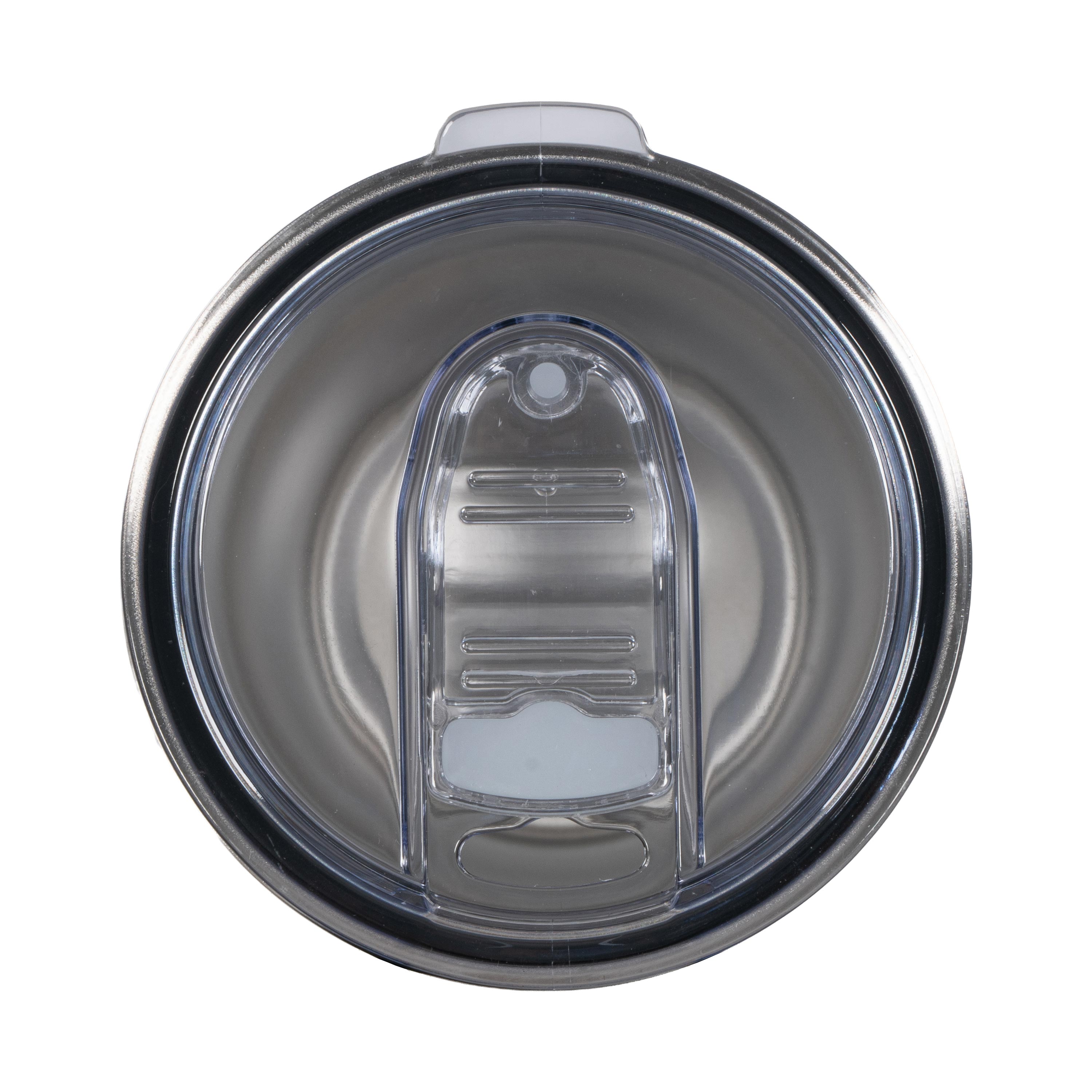 Top close up view of 590ml stainless steel drink tumbler with open clear lid.