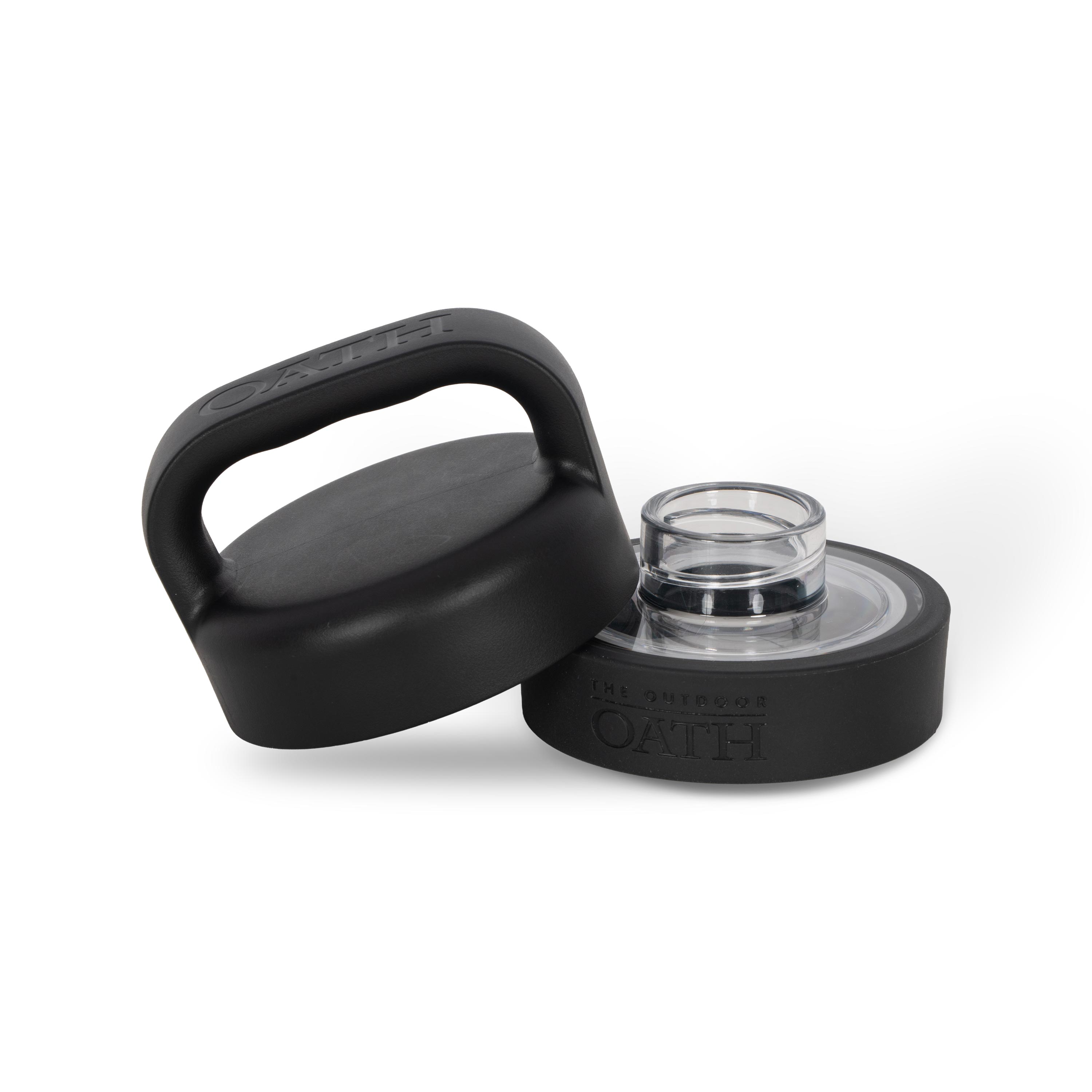 Close up front view of open drink bottle clear lid and black insulated handle.