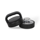 Close up front view of open drink bottle clear lid and black insulated handle.